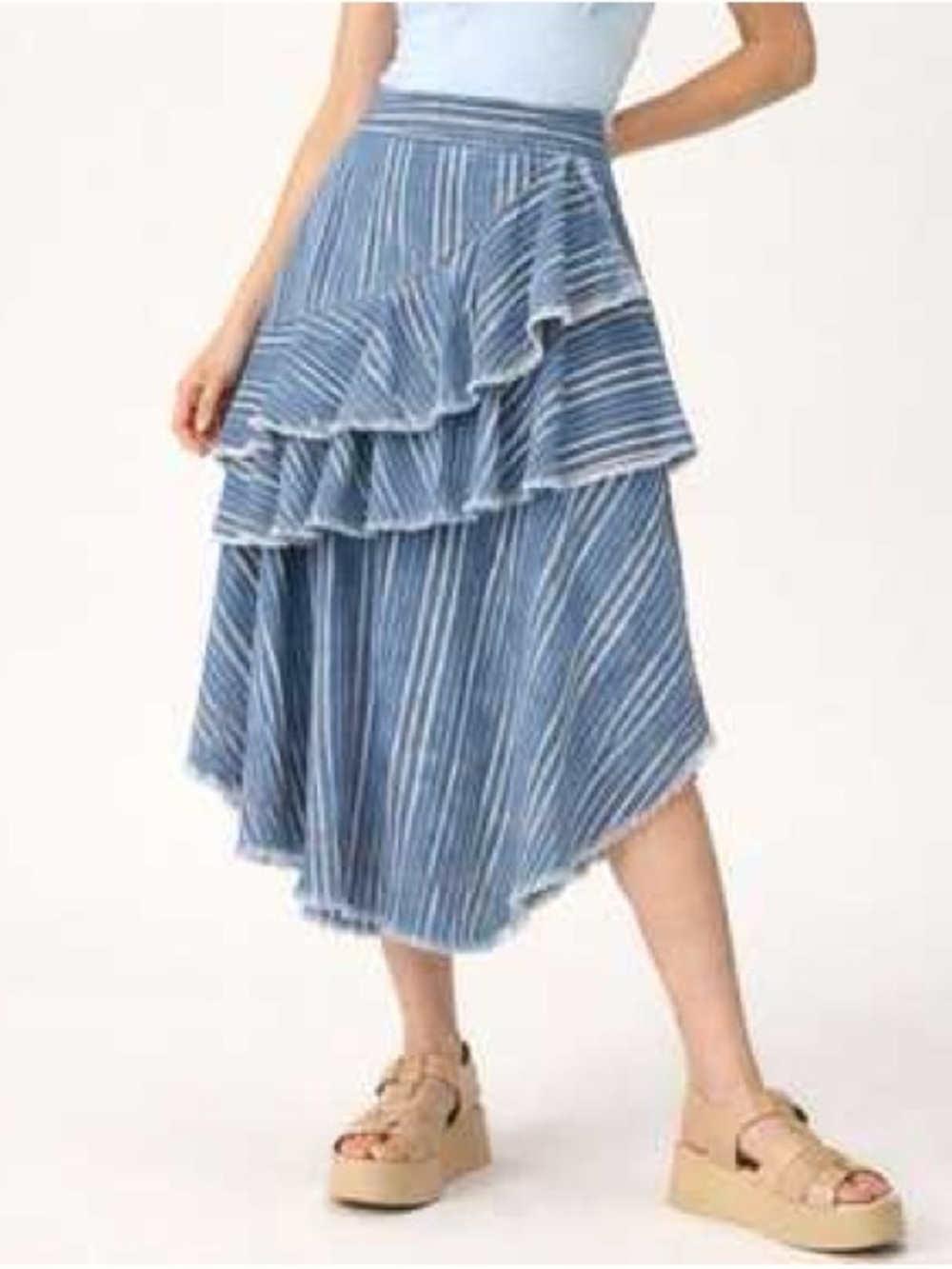 Pilcro Blue and White Striped Tiered Midi Skirt with Ruffle Detail